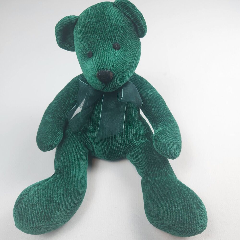 Pier 1 Imports Corduroy/Chenille Teddy Bear 16in Dark Green VTG 1998 Ribbon